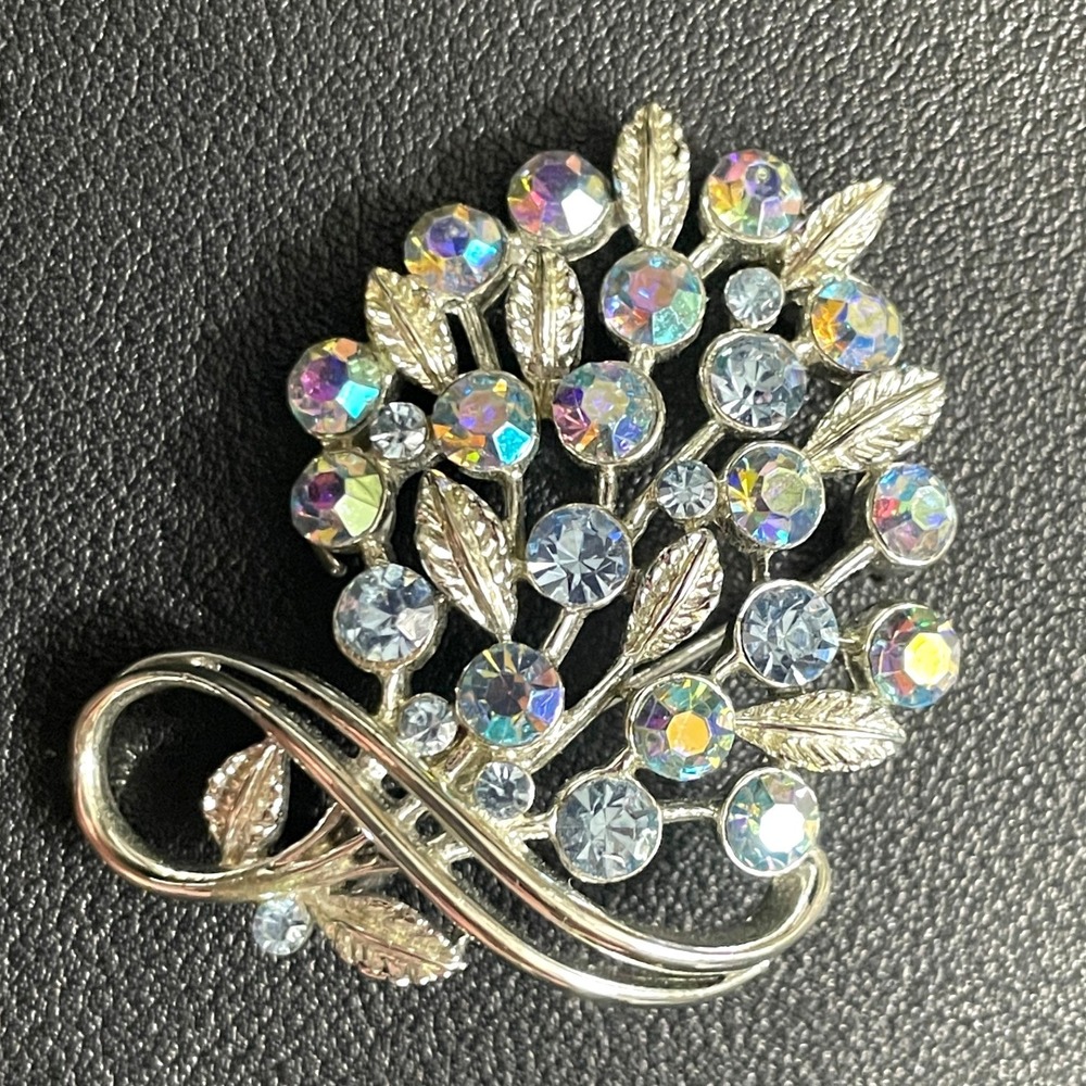 Vintage LISNER Rhinestone Brooch AB Aurora Borealis Silver Tone Blue Pin Signed